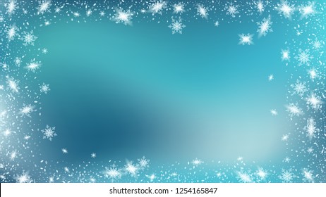 Flying snow background. Bbright, White, Shimmer, Glowing, Scatter, Falling on a Blue background. Festive Christmas card design.