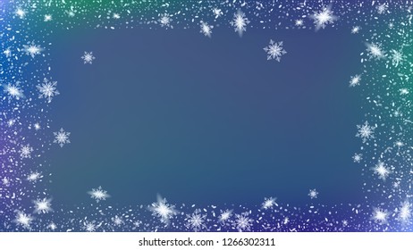 Flying snow background. Bbright, White, Shimmer, Glowing, Scatter, Falling on a Blue background. Holiday frame for New Year greetings.