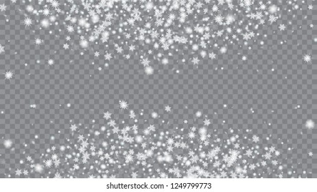 Flying snow background. Festive frame for New Year greetings. Card or banner with flakes confetti scatter frame, snow elements. Transparent base.