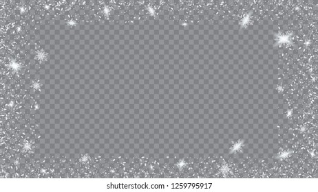Flying snow background. Festive frame for New Year greetings. Bbright, White, Shimmer, Glowing, Scatter, Falling on a Transparent background.
