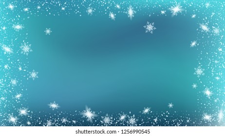 Flying snow background. Festive picture of the Christmas banner. Bbright, White, Shimmer, Glowing, Scatter, Falling on a Blue background.