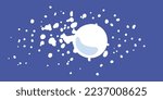 Flying snowball on a blue background with snowflakes. Snow globe in flight. Full color illustration for winter design. Round snowball with flying pieces of snow. Winter fun with snow. Throw snowballs.
