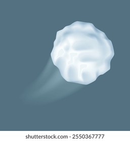 Flying snowball with trace realistic vector illustration. Funny active winter game with snow spheres 3d object on blue-gray background