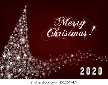 Flying snowflakes lined up in the shape of a Christmas tree. Merry Christmas 2020. Holiday illustration with a great free space for your message or advertisement.