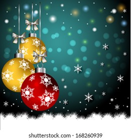 Flying snowflakes on a dark background with bright Christmas balls, vector background