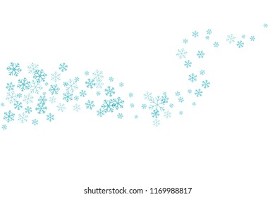 Flying snowflakes on the horizontal wavy path. Winter decoration element isolated on the white background.
