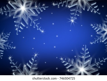 Flying snowflakes on a light blue background. Winter. Falling snow. 3d Vector illustration