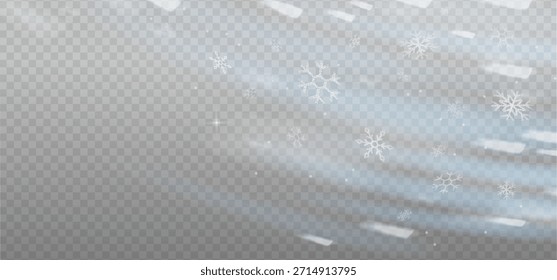 Flying snowflakes with prism light flare effect in motion, cold white light overlay background with warm shine of crystal glass, shiny glow. Prism light dispersion with rays and glares effect. Vector