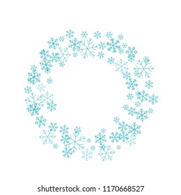 Flying snowflakes. Round frame. Winter decoration element isolated on the white background.