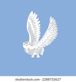 Flying snowy owl flat style, vector illustration isolated on blue background. Arctic predatory animal, white bird, decorative design element, polar owl