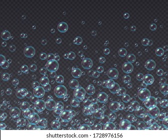 Flying soap bubbles background. Abstract shampoo, bath lather isolated on a transparent backdrop.