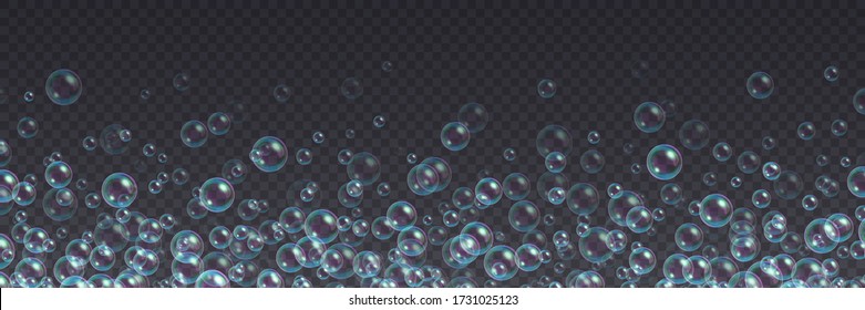 Flying soap bubbles background. Abstract floating shampoo, bath lather isolated on a transparent backdrop. Realistic suds vector illustration.