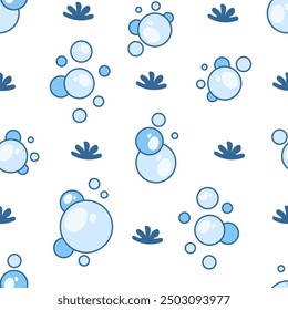 Flying soap bubbles shapes. Seamless pattern. Bath, shampoo, shaving. Hand drawn style. Vector drawing. Design ornaments.