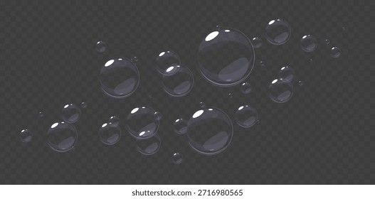 Burbujas de jabón voladoras de jabón o champú sobre fondo transparente. Soplo de espuma brillante. Grupo cosmético de esferas claras. Reflejo de espuma de detergente de limpieza. Lava espuma. Elementos de bola 3D de ducha de Vector
