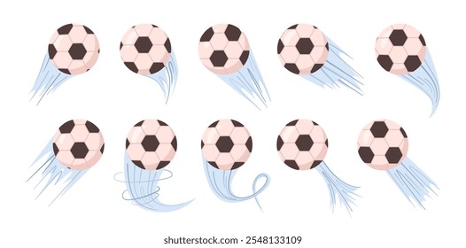 Bola de futebol voadora, efeito de ação para cartazes de jogo ou banners de futebol. Vetor em estilo plano, conjunto isolado de bola de couro para jogadores. Traço ou redemoinho de vento, competição e campeonato