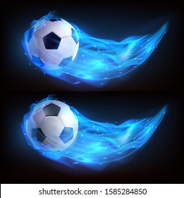 Flying soccer ball in blue fire isolated on black background. Vector realistic symbol of football in plasma flame with sparks. Template for poster, banner for the match of sport tournament