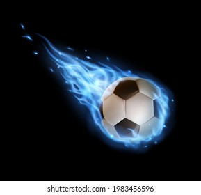 Flying soccer ball with blue fire trails, vector football ball falling in flame or blaze with tongues. Realistic 3d sport inventory, competition or tournament promotion, isolated sports design element