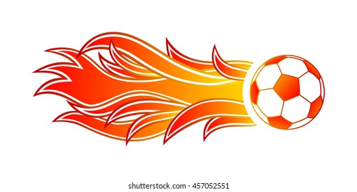 Flying soccer ball with fire flames. Retro design element. Vintage item
