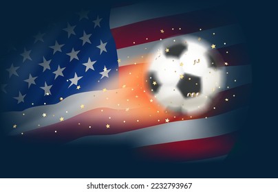 Flying soccer ball with flag of USA. 3d vector illustration