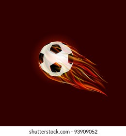 Flying Soccer Ball with Flame on Dark Red Background. Vector Illustration.