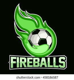 Flying soccer ball with green fire flames on dark background. Design element. Vintage item. Modern professional logo for sport team