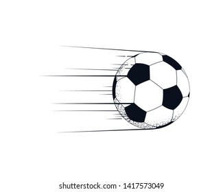 Flying soccer ball with motion lines. Powerful kick. Vector illustration