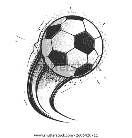 Flying soccer ball with motion trails and grunge effect for dynamic composition, and print design