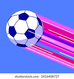 Flying soccer ball with multicolor glowing trail in flat style against blue sky. Vector illustration