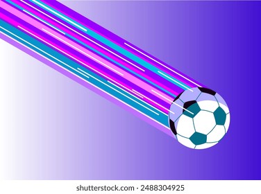 Flying soccer ball with multicolor glowing trail in flat style on purple background. Vector illustration