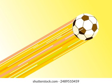 Fliegender Fußball mit mehrfarbig leuchtender Spur im flachen Stil auf lila Hintergrund. Vektorillustration	