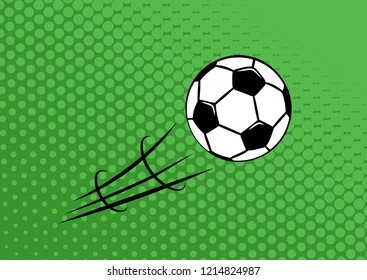 Flying soccer ball. Pass. Green dotted background. Vector illustration