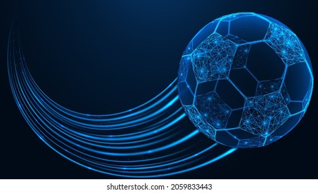 Flying soccer ball. A polygonal construction of interconnected lines and points. Blue background.