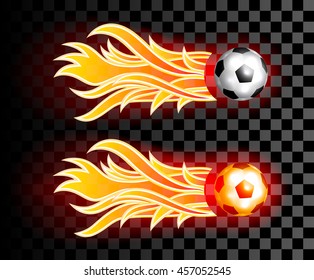 Flying soccer ball with red fire flames on dark  transparent background. Design element. Vintage item. Two variations