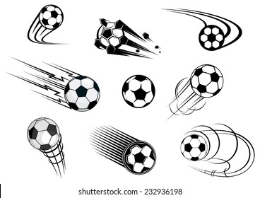 Flying soccer balls set with motion trails for sports emblem and logo design