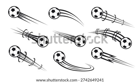 Flying soccer balls with traces of air movement. Football playing. Flight stream trail. Track effect. Speed motion flow. Championship hit and pass. Movement trajectory. Vector set of black silhouettes