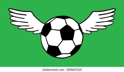 Flying soccer, football ball with wings vector illustration isolated over green grass field. Sport game equipment.