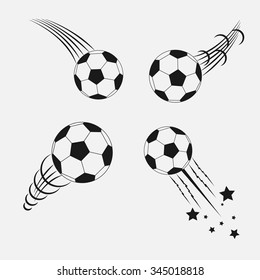 Flying soccer. Football balls. Motions trails. Sports club tournament logo design