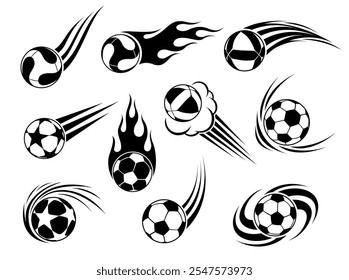 Flying soccer volleyball basketball ball black silhouette icon set vector flat illustration. Flight football with flame and wind line team game goal club competition sport championship fire power play