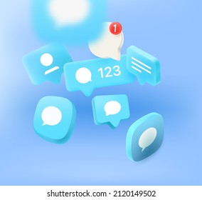 Flying Social Media Notification And Icons. 3d Vector Banner With Copy Space