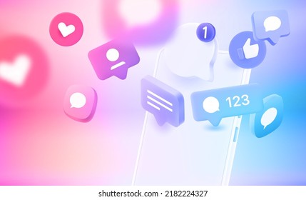 Flying social media notification and icons with cellphone. 3d vector illustration