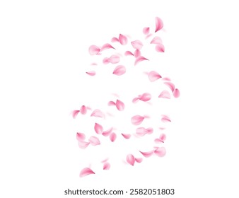 Flying soft pink petals scattered in air. 3d realistic style. Blossom Leaf collection varied shapes. Vector illustration isolated on white background
