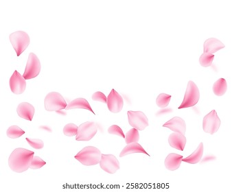 Flying soft pink petals scattered in air. 3d realistic style. Blossom Leaf collection varied shapes. Vector illustration isolated on white background
