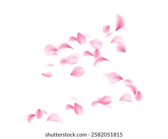 Flying soft pink petals scattered in air. 3d realistic style. Blossom Leaf collection varied shapes. Vector illustration isolated on white background
