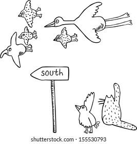 Flying To The South 2 (black and white). Hand drawn illustration.