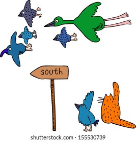 Flying To The South 2 (colorful). Hand drawn illustration.