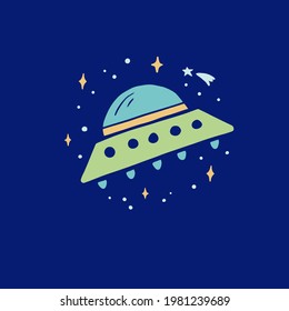 Flying to Space alien UFO. Hand drawn kids style vector illustration. Science, space explorer, technology, spaceship concept.