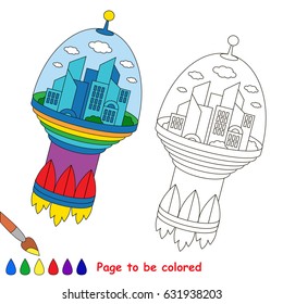 Flying Space City to be colored, the coloring book for preschool kids with easy educational gaming level.