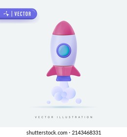 Flying space rocket 3d Realistic. Spaceship launch. Rocket 3d icon, logo or symbol. Logo ship. Vector illustration. Rocket flying over cloud,Rocket launch. Business startup concept.