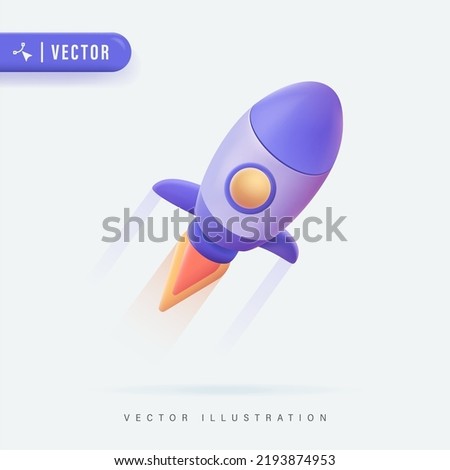 Flying space rocket 3d Realistic. Spaceship launch. Rocket 3d icon, logo or symbol. Logo ship. Vector illustration. Rocket flying over cloud,Rocket launch. Business startup concept.