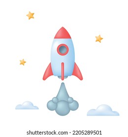 Flying space rocket around clouds and stars. Spaceship launch for Business startup or new project concept. Vector illustration on white background.